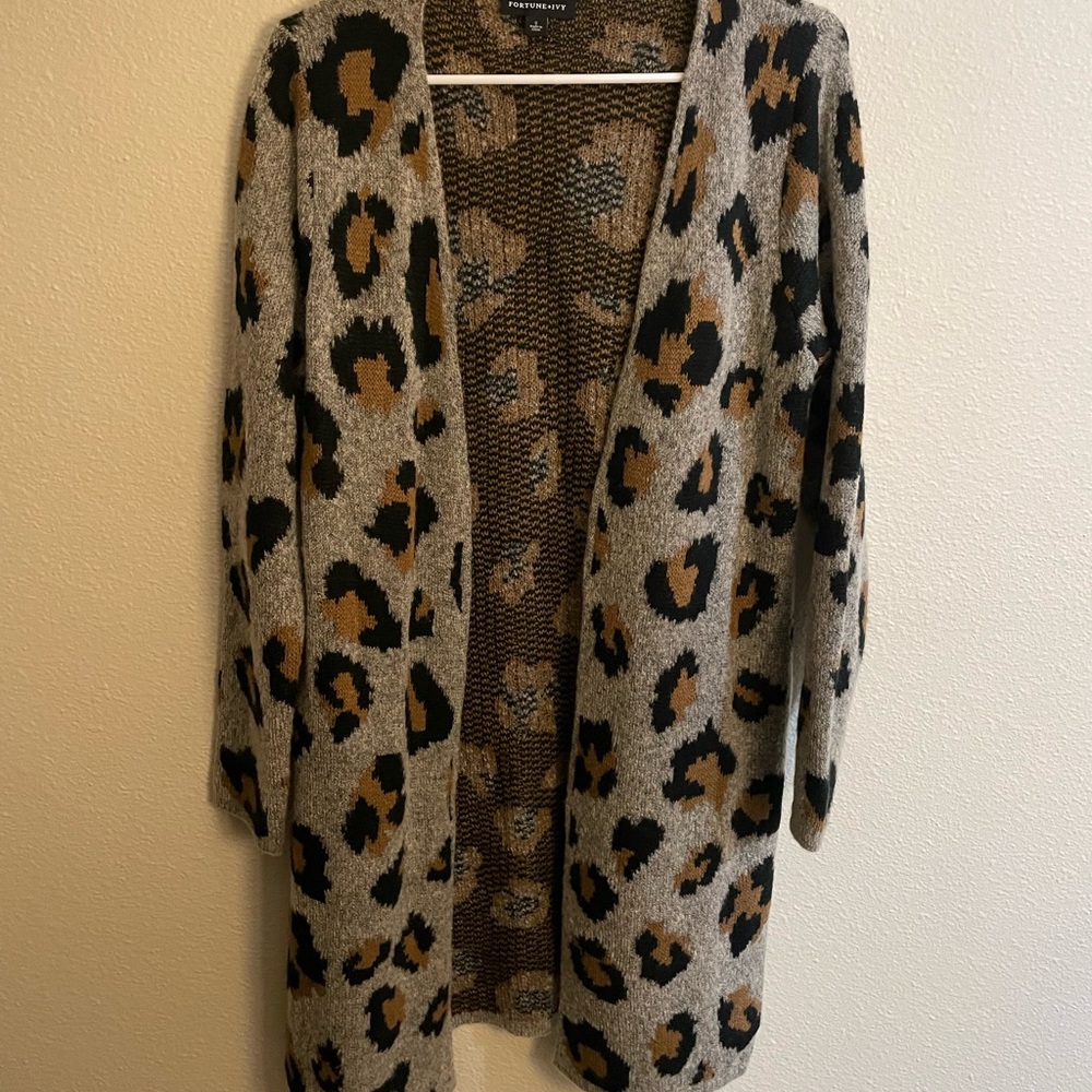 Fortune & Ivy leopard print long cardigan sweater